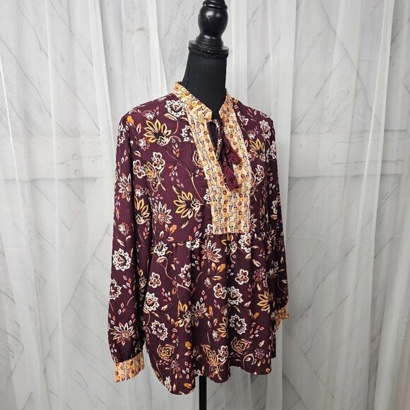 Dip Plum Orange Floral Boho Fairy Festival Peasant Blouse Size L - Picture 5 of 12